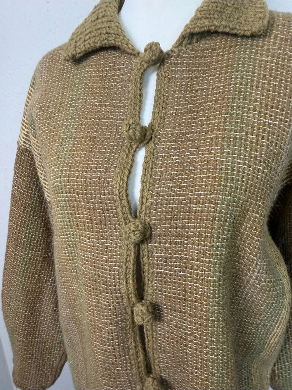 Women’s XL Wool Woven Cardigan Jacket Frog Closure Earth Tone Boho Artisan